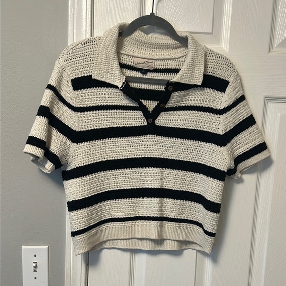 Universal Thread Tops - Universal Thread Black and Cream Ribbed Crop Polo Shirt